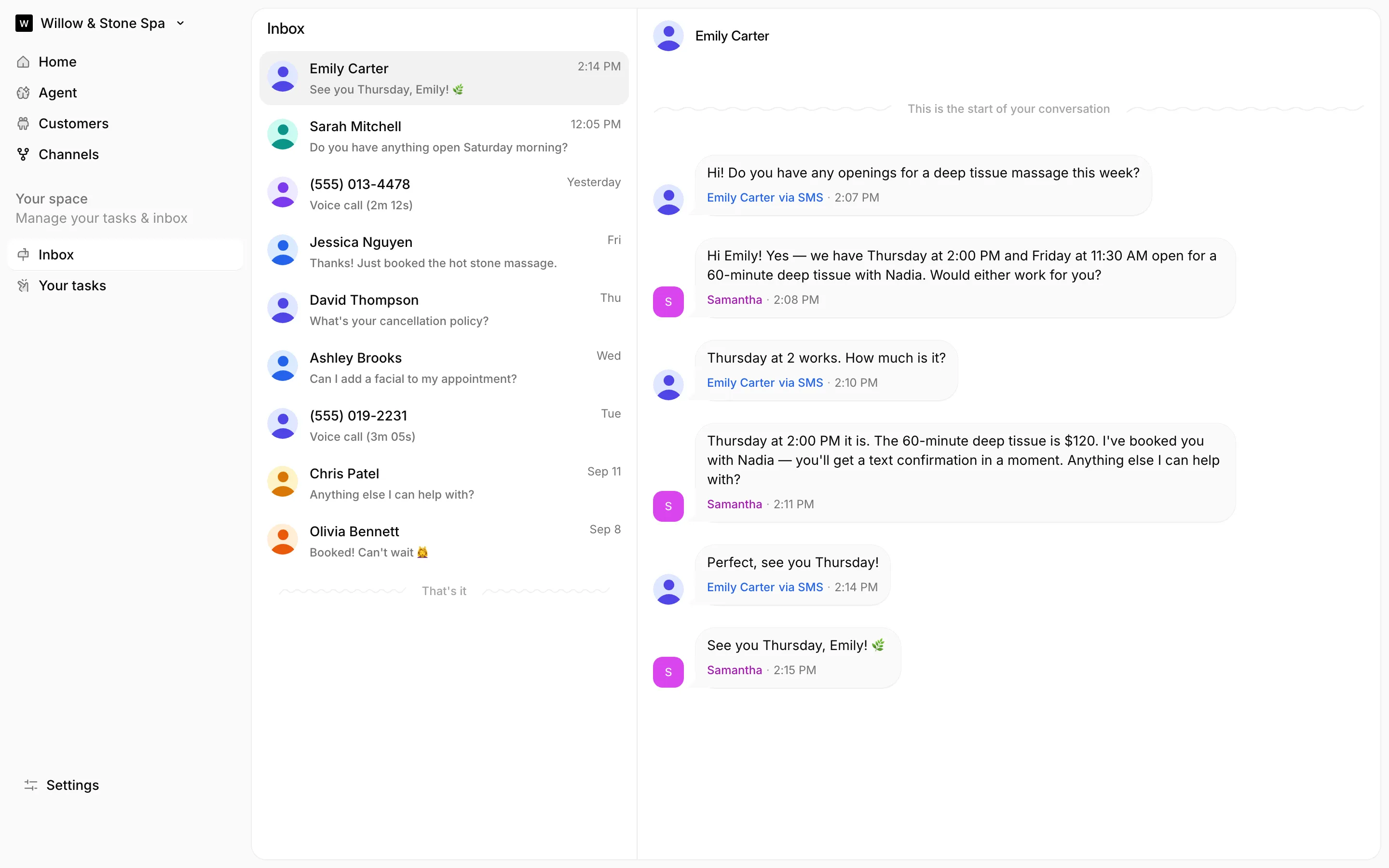 The Olanna inbox: customer conversations from every channel, answered by the agent